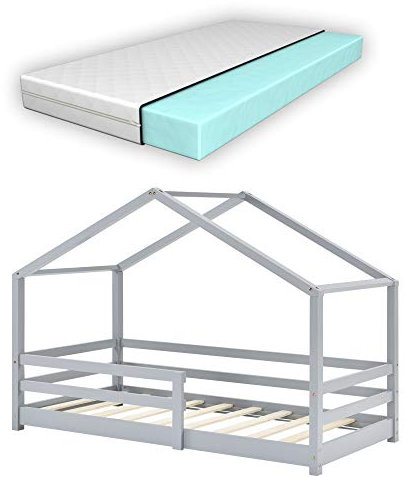 [en.casa] Kinderbett Knätten mit Matratze und Rausfallschutz 80x160cm Hausbett mit Kaltschaummatratze Bettenhaus mit Lattenrost Kiefernholz Kleinkindbett Hellgrau