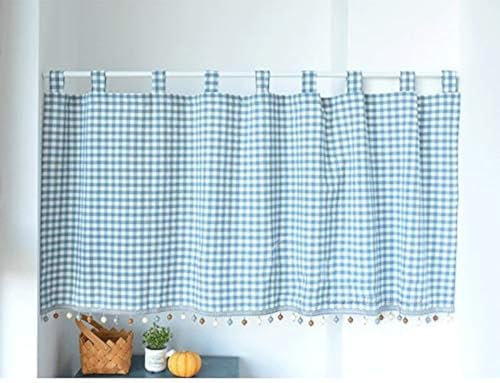 Yaland Elegant Schlaufenschal karo Gardine Karierte Küche Gardine Scheibengardine mit Kugeln-Kante Landhausstil Bistrogardine mit Raffhalter (HxB 40x140cm, blau) 1 Stück