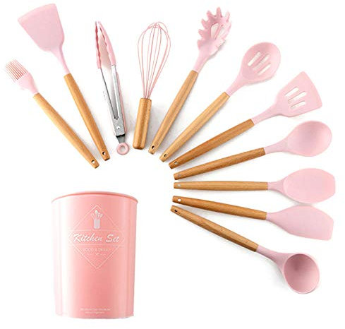 GEEKCOOK Silikon Küchenhelfer Set,12PCS Silikon Holz Turner Suppe Löffel Spatel Pinsel Schaber Pasta Server Egg Beater Küche Kochwerkzeuge Küchengeschirr-Rosa