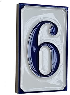 Piastrelle per numeri civici in ceramica italiana, dipinte a mano, semplici, bianche e blu, con lettere e numeri, 11 x 7 cm (numero 6)