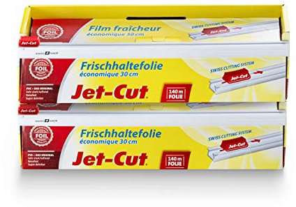 Jet-Cut Film Alimentaire Economique à Découper/Conditionnement de Stockage de 2 Pièces, Transparent, 30 cm x 140 m, 1 Unité