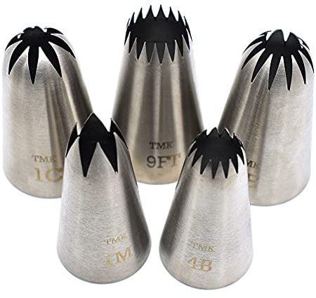 5 Pack Stainless Steel Seamless Piping Icing Tips #9FT 1C 1E 1M 4B, Large Star Piping Nozzle, Cake Decorating Tools for Baker