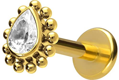 PIERCINGLINE Titan Labret mit Gewinde Kristalltropfen Piercing Lippe Nase Ohr Helix Goldfarben 1,2 x 10 mm