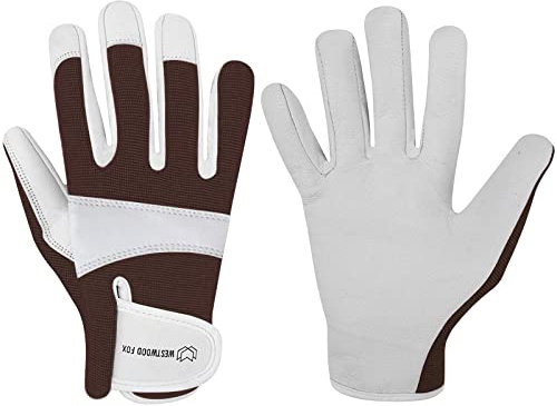 WESTWOOD FOX Gartenhandschuhe aus Leder,robuste Arbeitshandschuhe für Damen und Herren, Gartenwerkzeuge, Mechaniker, atmungsaktiv, Gärtner, rutschfeste Rigger-Handschuhe (braun, L)
