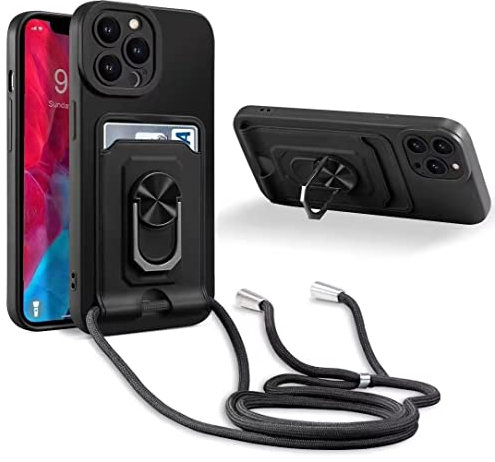 SLWYF Crossbody Case for iPhone 11 Pro Max Cover, Silicone Card Holder Phone Cover with Adjustable Necklace Strap Cord Lanyard Shockproof Protective Case (Black)