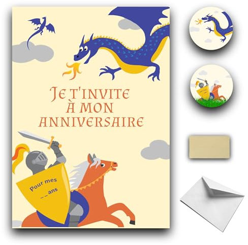 RXLITE Kit créatif premium de 10 Cartes d'invitation anniversaire à gratter thème Chevalier en français: 10 cartons, 10 enveloppes blanches, 10 stickers et 10 autocollants dorés à gratter