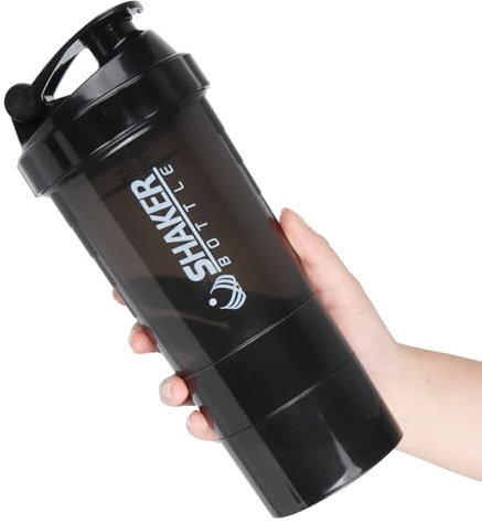 XSUPER Protein Shaker with 3-Compartment Storage - 16oz Twist-Off Cup for Supplements & Pills, Leak Proof Gym Sports Bottle, Black