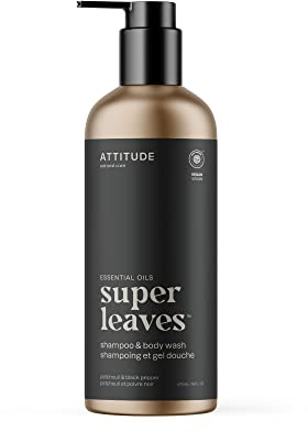 ATTITUDE 2-in-1 Body Wash and Hair Shampoo with Essential Oil, EWG Verified, Dermatologically Tested, with Naturally Derived Ingredients, Vegan, Refillable Bottle, Patchouli and Black Pepper, 473 mL