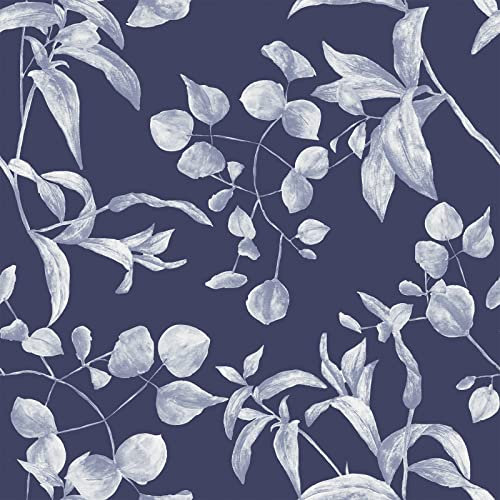 VEELIKE Tapete Blätter Blau Fototapete Blumen Vintage Blumentapete Dekoration Schlafzimmer Klebefolie Muster Möbelfolie Selbstklebende Tapete Blumen Aquarell Küchentapete Wohnzimmer 44.5cm×300cm