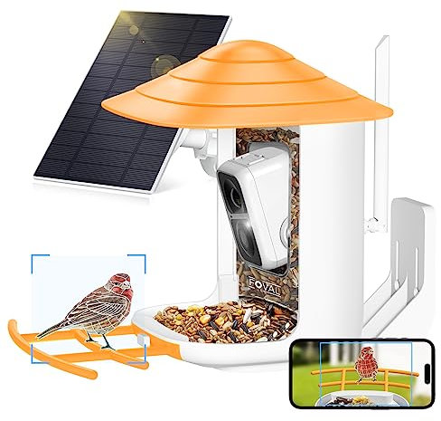 FOVAL Bird Feeder with Camera, Smart Bird Feeder Camera with AI Identify 10000+ Bird Species, AI Motion Detection, Full Color Night Vision, Two-Way Talk, 2.4GHz WiFi, 5W Solar Panel