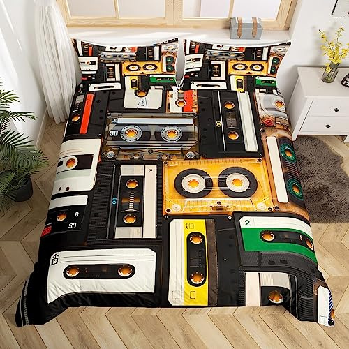 Homewish Cassette Tape Bedding Sets Single 80S Party Comforter Cover, Plastic Tapes Bed Set Classical Music Theme Duvet Cover, Old Fashion Quilt Cover Vintage 70S Party Decorations 2Pcs