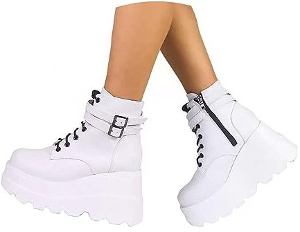tinetill Stivali con Plateau Donna Punk Gotico Stivaletti in PU Invernali Stivali da Moto con Cerniera Stivali con Lacci con Zeppa Cinturini con Fibbia Scarpe con Zeppa