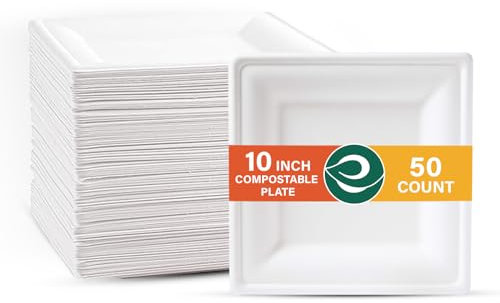 ECO SOUL Square Paper Plates (25Cm) 10 [50-Pack] Heavy Duty Compostable Sugarcane Bagasse Dinner Plates | Eco Friendly Biodegradable Disposable Plate for Christmas Dinner, Parties & Events