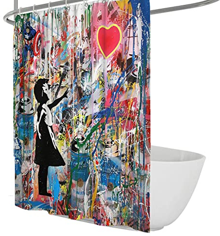 WEECHAINGE Ballonmädchen-Duschvorhänge mit Buntem Graffiti-Hintergrund Banksy-Stil wasserdichter Stoff-Badeduschvorhang-Liner-Set mit Haken B160xL180cm