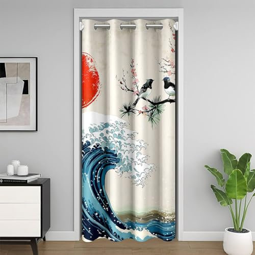 richhome Baum Meer Wellen mit Sunrise Tür Vorhang, japanischer Blackout Vorhang 106x203, Ukiyoe Ocean Doorway Vorhang für Wohnzimmer Dekoration
