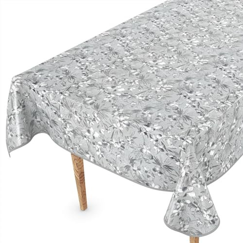 ANRO Wachstuch Tischdecke abwaschbar Wachstischdecke Plastik-Tischdecke Meterware edel glänzend eckig rund oval 160 x 100cm mit Saum Blumen Silber