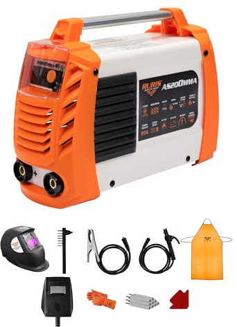 RURIS - Máquina de soldadura Ruris AS200MMA + máscara + martillo/cepillo + 2,5 kg electrodos rutilicos 3,2 mm + imán + guantes + máscara de soldadura soldador con células solares + delantal