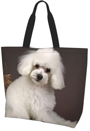 DOFFO Gardenia Einkaufstasche aus Segeltuch mit Blumen und Vögeln, wiederverwendbar, Einkaufstasche, Strandtasche, Schultertasche, Französischer Pudel, Einheitsgröße