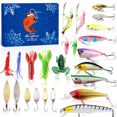 Angel-Adventskalender 2023 Erwachsene Männer Teenager Jungen, 24 Tage Angelköder Countdown Kalender mit Löffeln Elritze Popper Crankbait VIB Xmas Angeln Geschenk für Vater Granpa Bruder Freund