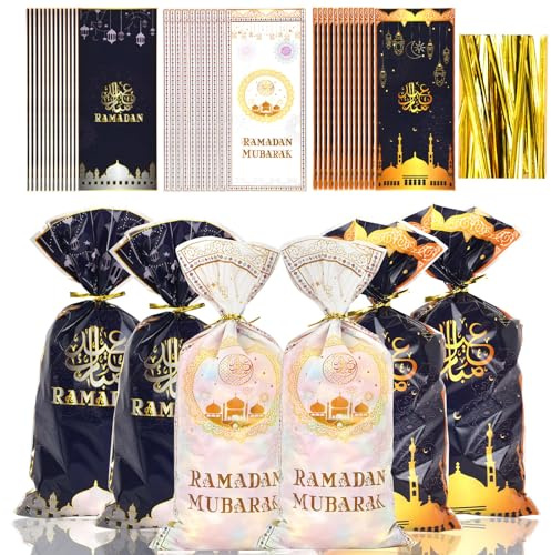 Sunwuun 120 Stück Eid Mubarak Tüten 27*12CM Geschenktüten Mit Mond, Stern Und Schloss Elementen Krawatten Tüten Dekoration Mit Gold Krawatten Für Partytüten Goodie Tasche Kindergeburtstag Ramadan