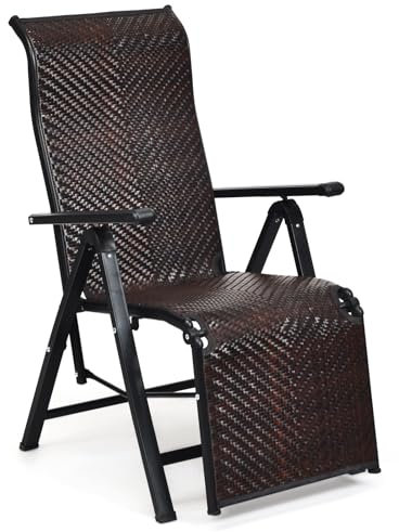 GIANTEX Chaise de loisirs d'extérieur pliable en rotin PE avec dossier et repose-pieds réglables, chaise longue structure en métal pour patio, près de la piscine, balcon, marron