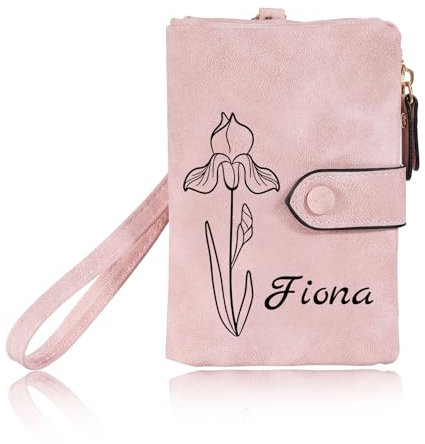 INBLUE Personalizzato Portafoglio in Pelle per Donne Fiore di Nascita Nome Portafoglio Piccolo Tri-Fold Portamonete con Cinturino da Polso Regalo Personalizzato per Festa della Mamma - Rosa