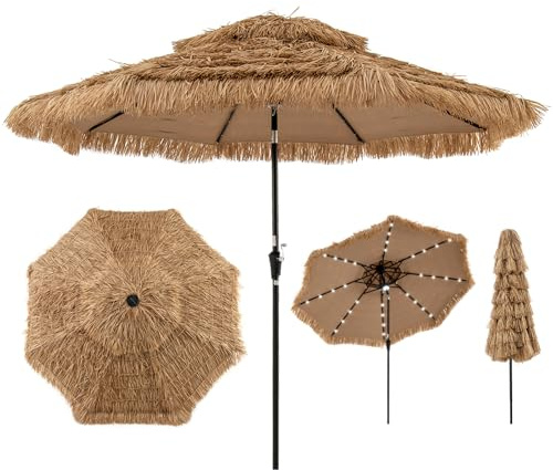 COSTWAY Parasol de Jardin Exterieur Ø 313 cm, Parasol Plage en 9 Couches Paille, 32 Lumières LED Solaire, Inclinaison et Manivelle, 8 Baleines, Style Hawaïen à 2 Niveaux pour Jardin Plage Piscine