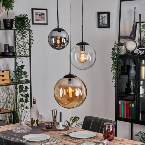HOFSTEIN Hängeleuchte Gastor, 3-flammige Hängelampe aus Metall/Glas in Schwarz/Bernstein/Rauch/Klar, Pendelleuchte im Retro/Vintage-Design, Ø Schirme 20; 25; 30 cm, E27, Esszimmer, Küche, Wohnzimmer