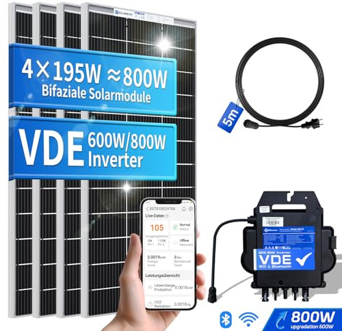 ECO-WORTHY Balkonkraftwerk 780W/800W,0% VAT balkonkraftwerk 800W komplett steckdose mit 4x195W Bifacial Solarmodule und 800W APsystems Wechselrichter mit VDE Relais
