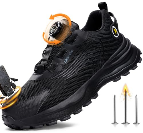 GUSAYEX Safety Trainers Mens Steel Toe Cap Trainers Laceless Work Shoes Men Lightweight Safety Shoes Rotary Buckle Comfortable Work Trainer Protective Steel Toe Cap Shoe Indestructible Size 10