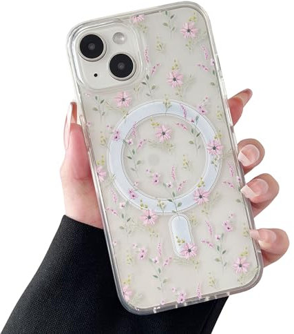 ZTOFERA Magnetisch Hülle für iPhone 15, Transparent Soft Handyhülle mit Blume Muster [Kompatibel mit MagSafe Kabellosem Laden], Stoßfeste Schutzhülle für iPhone 15 6,1- Rosa Blume