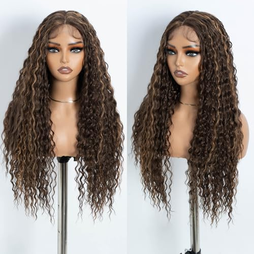 Style Icon Long Deep Curly Wave Lace Front Perücke 30 Zoll Highlight Braun Long Water Wave Perücke für Frauen T Part Lace Perücke Synthetische Hitzebeständige Faser (FN C6/C26Q)
