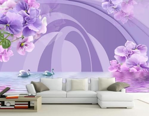 XLMING Fleur Violette Cygne Géométrie Rivière 3D Papier Peint Décoration Manger Intérieure Salon Canapé Chambre Fond TV Mur-300cm×210cm