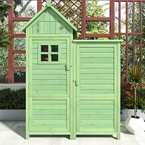 Jaxenor Geräteschuppen Holz, Artenschuppen Holz mit PVC Dach, Geräteschuppen Klein mit 2 Kleinteileregale für Garten, Terrasse, Wetterfest, Grün