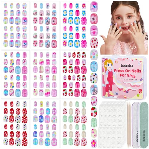 Teenitor 216pcs Press on Nails for Girls, 9 Colors 10 Sizes Press On Nails for Kids Fake Nails Little Girl Nails, Short Acrylic Nails with Nail Adhesive Tabs, Nail File Buffer