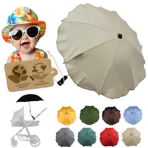 Sonnenschutz universal [Sonnenschirm für Kinderwagen] Buggy UV Schutz 50+ mit Universalhalterung biegsamer Schirm für Rund- und Ovalrohre verstellbar (meliert beige)