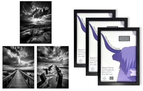 Artery8 Atmospheric Clouds Wall Art - Set of 3 A4 Sized Art with Black Frames - Black and White Photographs Dramatic Coastal Landscapes