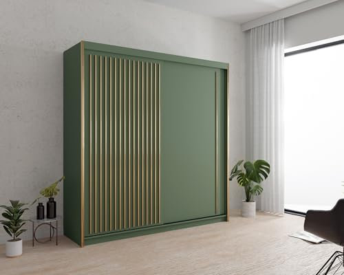 Krudox PST Grün Schiebetürenschrank Kleiderschrank 203x216x62 cm - Schlafzimmermöbel, Aufbewahrung – Mehrzweckschrank mit 4 Kleiderstangen