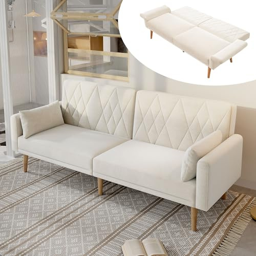 Miawtro Sofa Mit Schlaffunktion, Schlafcouch,Schlafsofa Umwandelbar, Sofabett, Schlafsofa Aus Samtstoff, Geeignet Für Wohnzimmer, Schlafzimmer, Heimkino, Gästezimmer. (Beige)