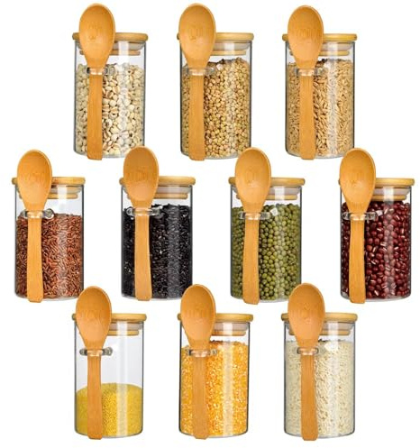 Glass Food Storage Jar,100% Sealed Borosilicate Glass Jars with Bamboo Lid and Bamboo Spoon for Candy, Spices, Coffee Beans, Nuts, Condiments, Cookies, Flour,Tea, 350ml/12oz (01)