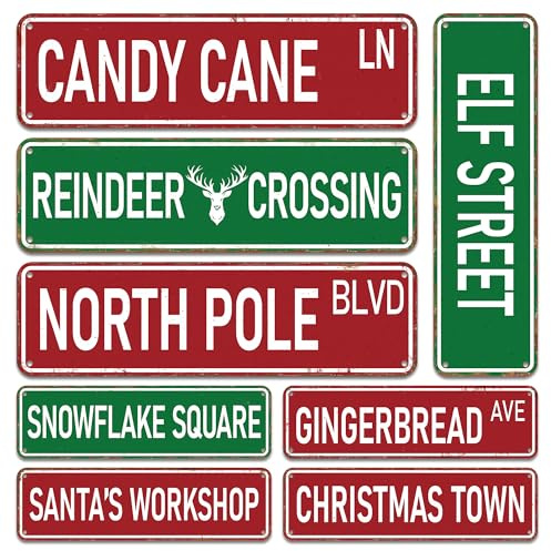 Candy Cane Lane Christmas Decorations 8 Pack, Double-Sided Vintage Street Signs of North Pole/Santa’s Workshop/Gingerbread & More, All-Weather Outdoor Christmas Signs Yard Tree Ornament, 4 x 14 Inch