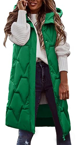 Womens Long Winter Coat Vest With Hood Sleeveless Warm Down Pockets Quilted Jacket Outdoor For Lady Women Gilet Uk Teddy Body Warmer Oversized Insulated Bodywarmer Cream Ladies Lightweight Green L