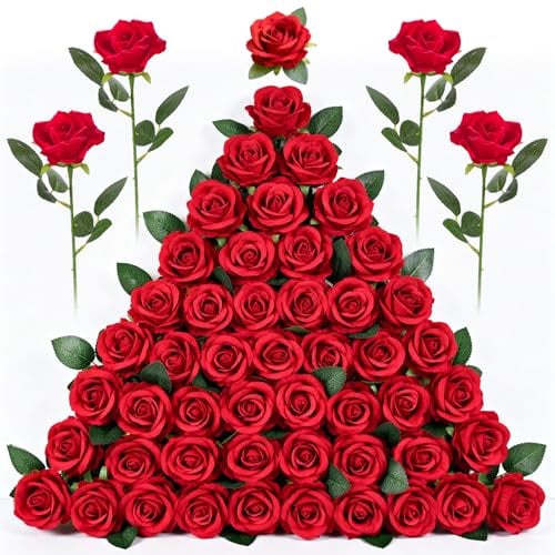 Yimomoyi 50 pezzi di rose artificiali rosse, singole a stelo lungo rosso scuro, rose artificiali realistiche per decorazioni nuziali, bouquet da sposa, proposte di matrimonio, feste di complea