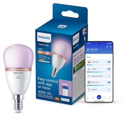 Philips Smart Lighting, Smart LED RGB P45 Lampe, E14-Sockel, 470 lm, farbiges und einstellbares weißes Licht 2200–6500 K, niedrig dimmbar, kompatibel mit WiZ, Alexa, Google Home, Apple Home