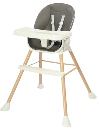 BONNLO Chaise Haute Bébé Évolutive, Pieds en Bois Fixes & Structure Renforcée, Pliable pour Chaise Adulte, 4 KG Ultra-Léger, Réglable en Hauteur, Ceinture 5 Points, Nettoyage Simplifié (Gris)