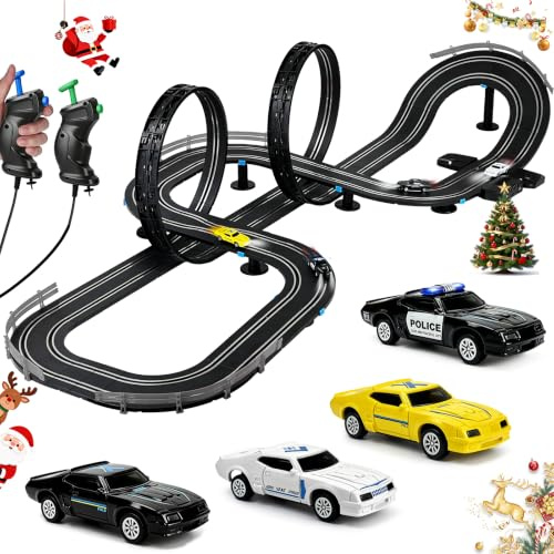 Autorennbahn, Rennstrecke Auto Spielzeug, Flexible Autorennbahn - 04 | 4 Slotcars, Doppelspur Rennstrecke & 2 Handreglern, Kabellose Rennbahn Spielzeug