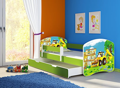 CLAMARO 'Fantasia Grün' 160 x 80 Kinderbett Set inkl. Matratze, Lattenrost und mit Bettkasten Schublade, mit verstellbarem Rausfallschutz und Kantenschutzleisten, Design: 20 Bagger
