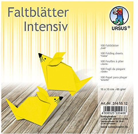 Ursus 3145512 - Faltblätter Uni intensiv, gelb, ca. 15 x 15 cm, 65 g/qm, 100 Blatt, aus Plakatpapier, durchgefärbt, für kleine und große Origami Künstler, ideal für vielseitige Bastelarbeiten