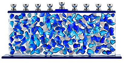 Chanukka Menora aus Glas - Blau und Weiß Menorah Hanukkah - Konfetti - Passend Für Alle Standard Chanukka Kerzen - Handgefertigte Menorah aus Bemaltem Glas