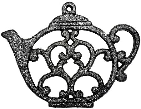 Sungmor Salvamanteles de hierro fundido resistente, salvamanteles decorativos negros inoxidables para cocina o mesa de comedor, 7.9 x 6 pulgadas con bonito patrón de tetera vintage
